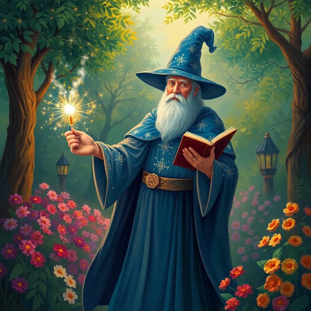 A magical wizard, wearing a sparkling cloak and holding a shiny wand, enchanting Rami with stories, surrounded by lovely trees and flowers in the garden, illustration, warm light, imaginative setting, high quality