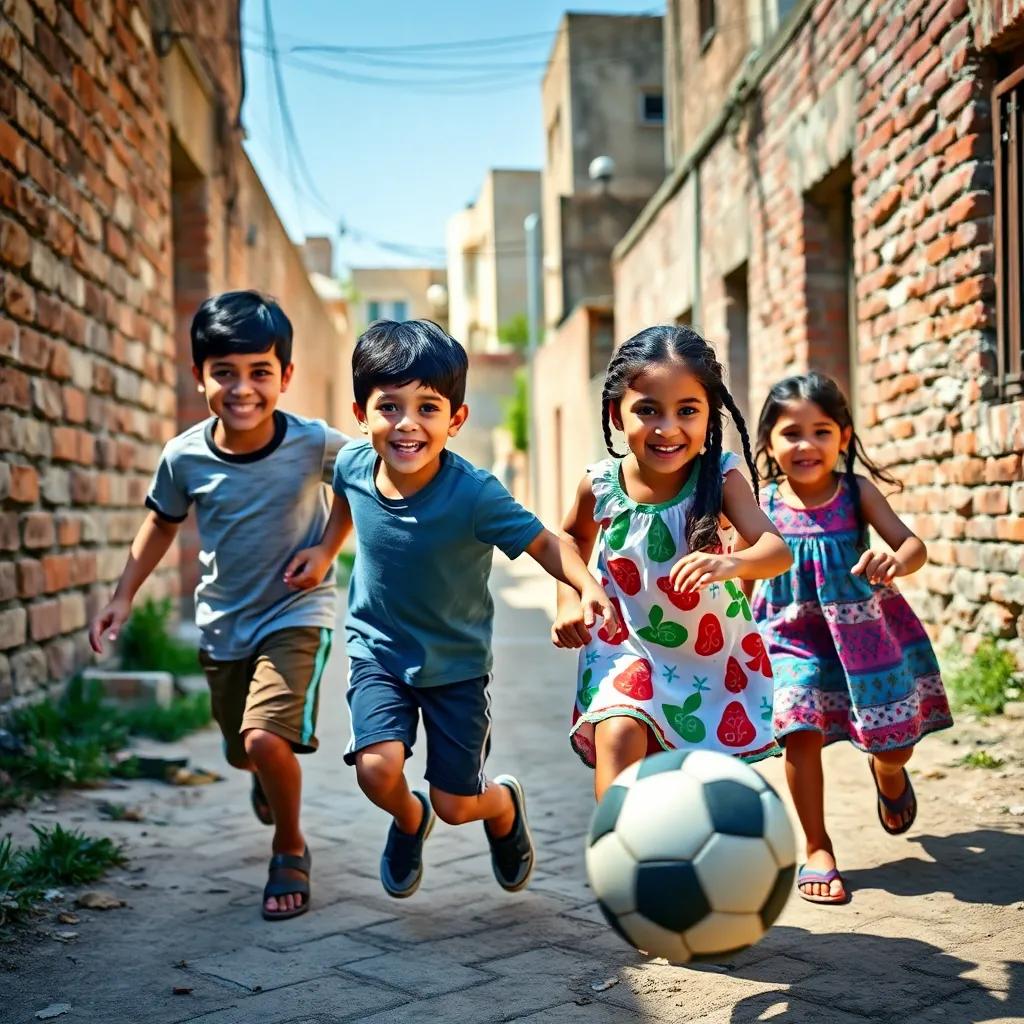 A group of joyful Palestinian children, including a boy named Mohammed with short black hair, wearing a t-shirt and shorts, and a girl named Fatima with braided hair, wearing a colorful dress, playing soccer in a sunny neighborhood with old brick walls, cheerful atmosphere, digital art, bright colors, engaging perspective, high quality
