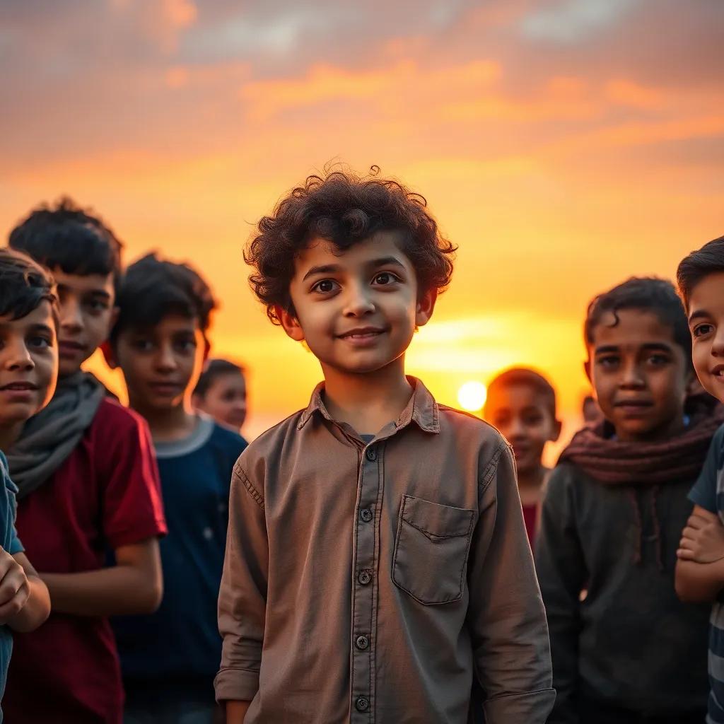 A group of Palestinian children gathered at sunset, with Ahmed, a boy with curly hair in a simple shirt, suggesting an adventure, sharing dreams of sailing on a boat, excited faces, warm light, storytelling view, fantasy theme