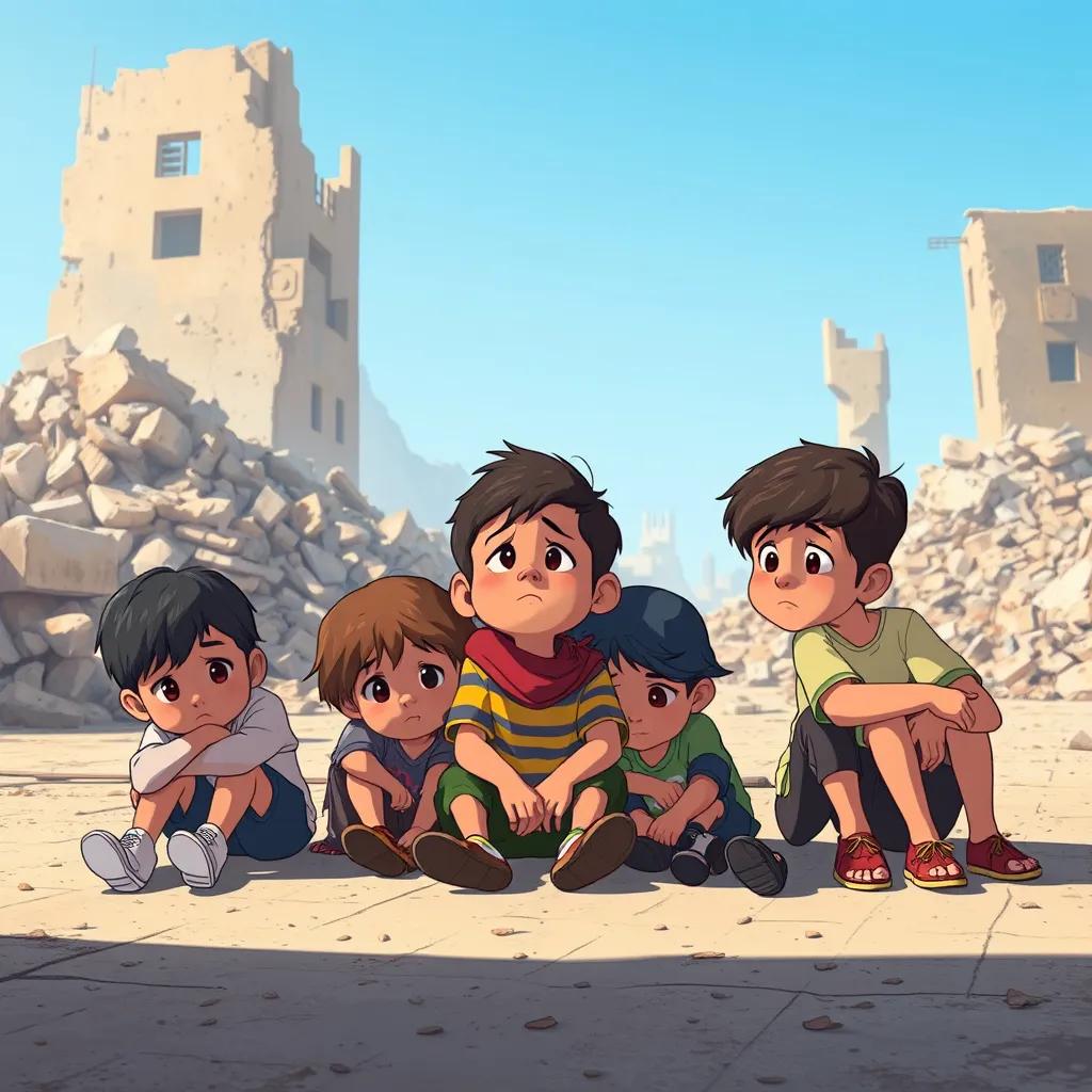 A group of children in Gaza, sitting together on the ground, looking sad and longing for school, with rubble and destruction in the background, a clear blue sky, emotional atmosphere, bright daylight, illustration, child-friendly, high-quality, uplifting