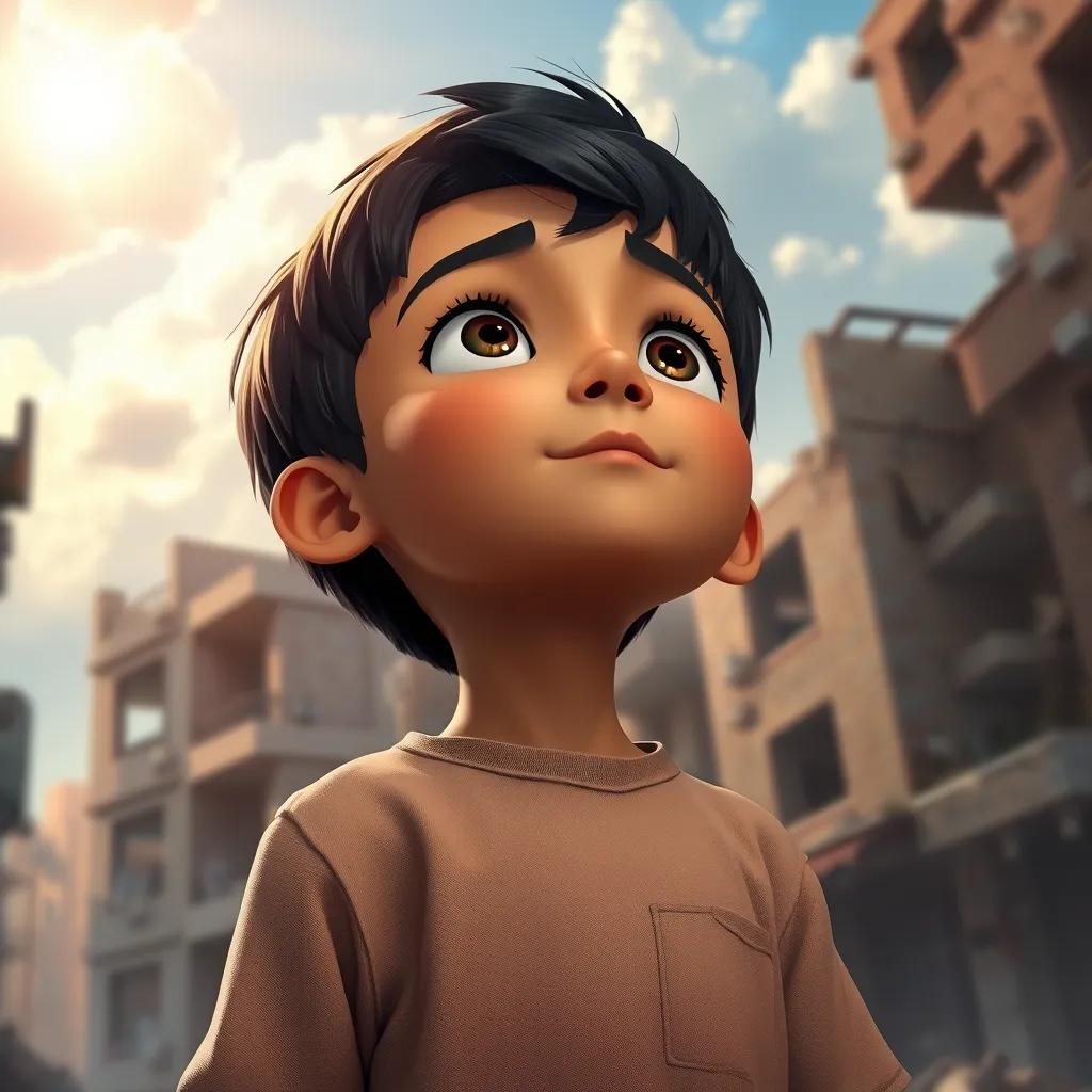 A young boy named Mohammed, 8 years old, with short black hair, wearing a simple shirt, looking up at the sky with hope in his eyes, surrounded by broken buildings, sunlight breaking through the clouds, heartfelt, digital art, vivid colors, high quality