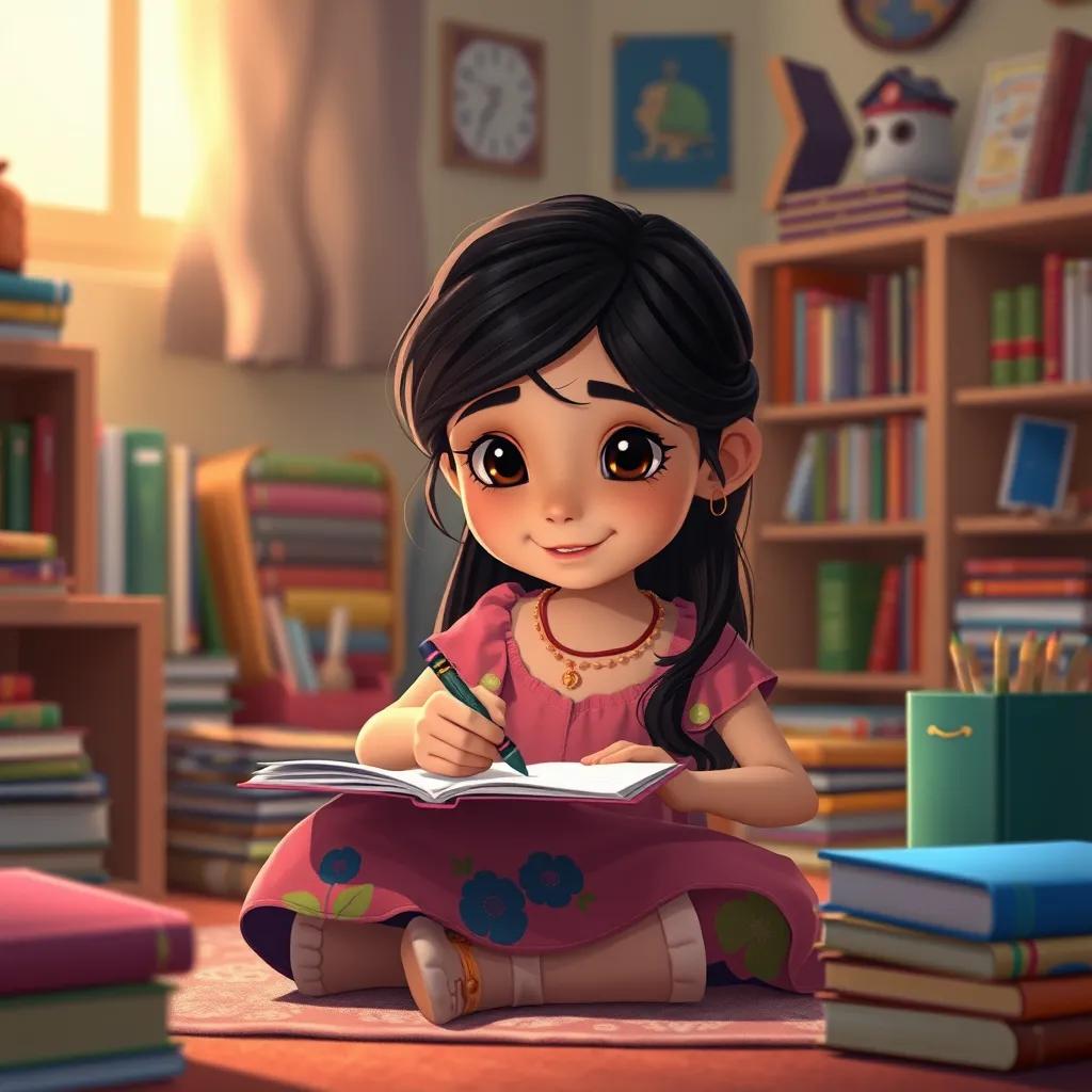 A young girl named Leila, 8 years old, with long dark hair, wearing a colorful dress, writing a letter with a crayon, sitting in her room filled with books and school supplies, warm light, hopeful atmosphere, illustration, cheerful, child-friendly, detailed