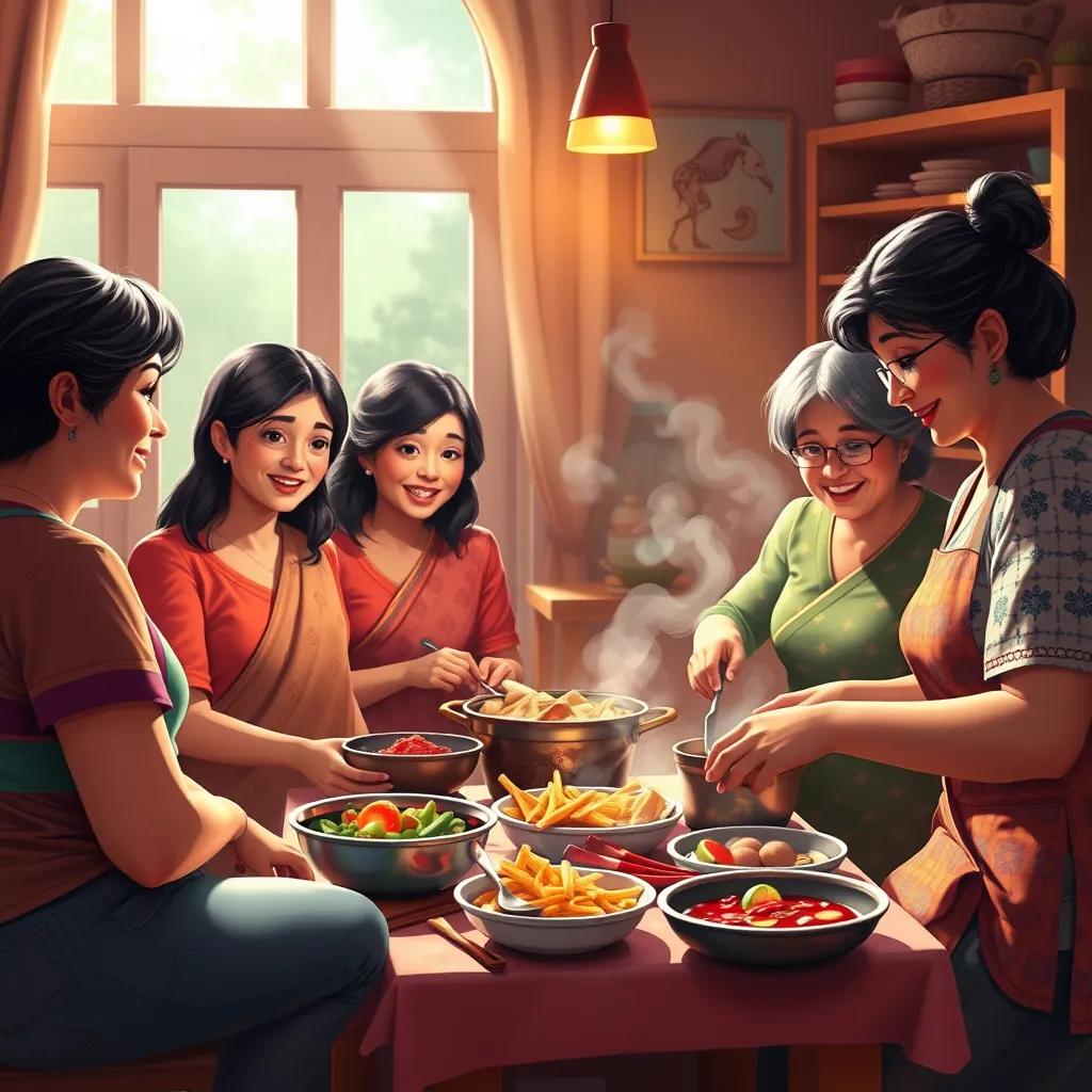 A group of mothers gathering in a cozy room, talking and cooking for their children, with warm light and a comforting mood, bright colors, details of traditional food, heartwarming, digital painting, high quality