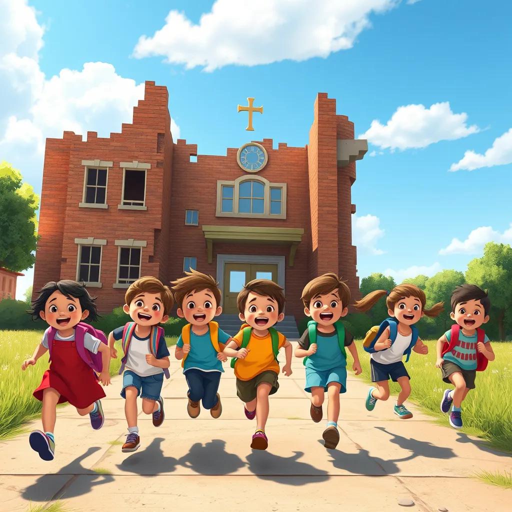 A group of joyful children running towards a school building that is partially standing, excited expressions on their faces, bright sunny day, colorful backpacks, illustration, capturing hope and happiness, high-quality, uplifting