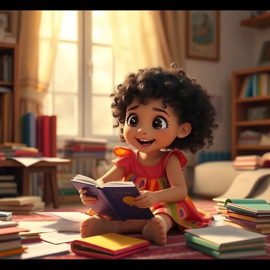 A small girl, Ahlem, with curly hair, wearing a colorful dress, with her sister, excitedly preparing for a reading competition at home, with papers and books scattered around, playful, bright light, cozy, heartwarming, high quality