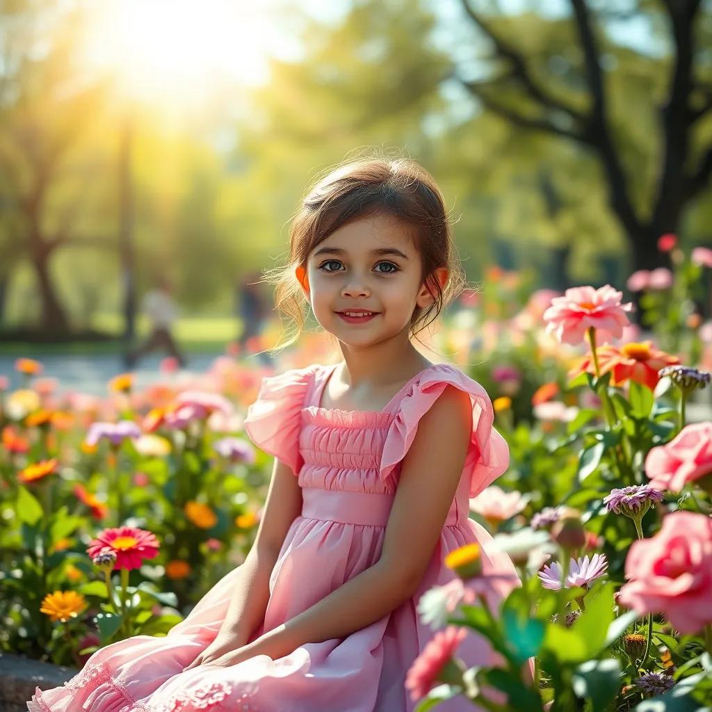A beautiful blind girl, Leila, wearing a lovely pink dress, sitting in a sunlit park surrounded by flowers, digital art, vibrant colors, cheerful atmosphere, high quality