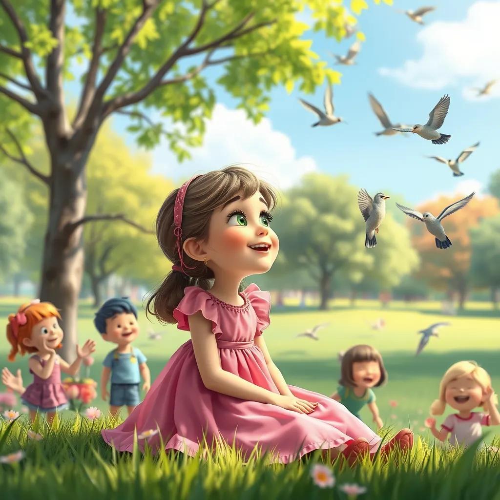 Leila, a beautiful blind girl in a pink dress, listening to birds singing in a sunny park, with children playing around her, illustration, joyful, child-friendly