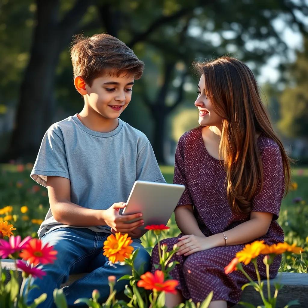 A kind young boy named Sami, with short brown hair, wearing a t-shirt and jeans, sitting with Leila in the park, describing colorful flowers to her, bright and warm light, friendly scene, high quality