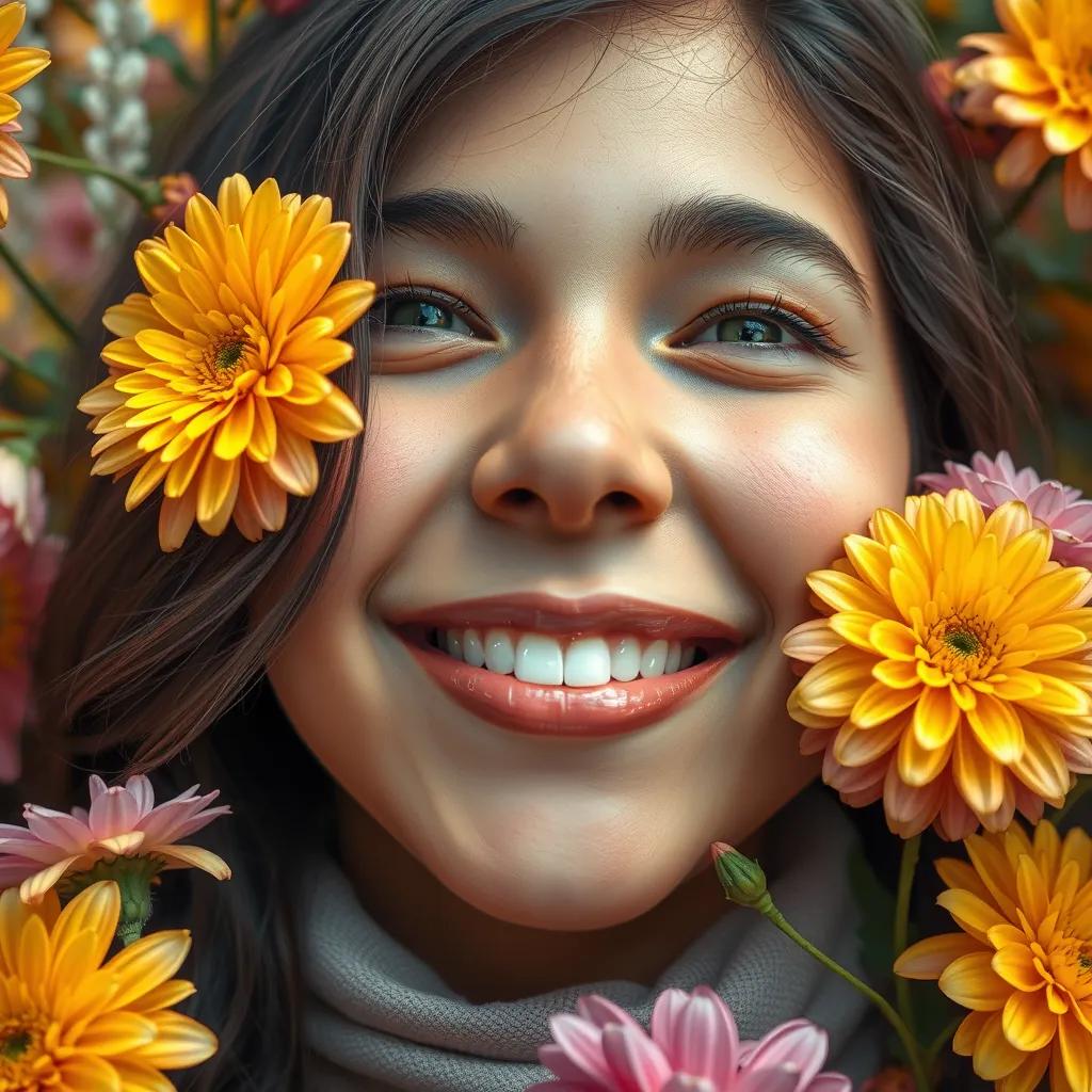 A close-up of Leila with a happy expression, imagining the colors around her, surrounded by cheerful flowers, digital painting, uplifting mood, warm colors, high quality