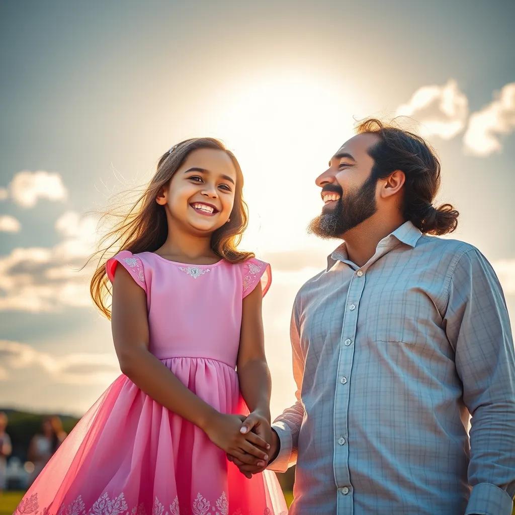 Leila, a beautiful blind girl in a pink dress, with a big smile, holding hands with Sami, both laughing under a sunny sky, heartwarming scene, vibrant colors, magical atmosphere, high quality