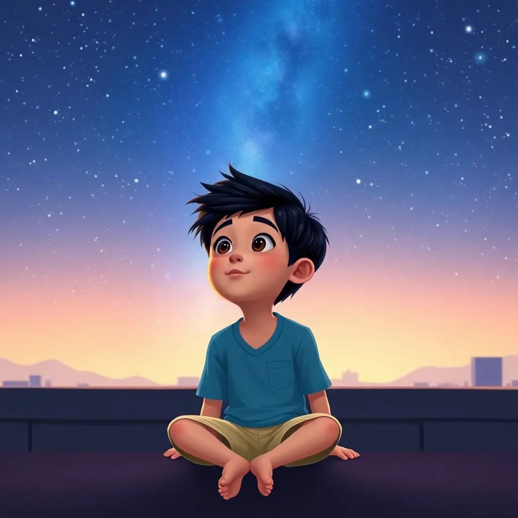 A young boy, Sami, with short black hair, wearing a simple blue shirt and beige shorts, sitting on a rooftop under a starry night sky, looking up with wonder, digital art, vibrant colors, magical atmosphere, child-friendly