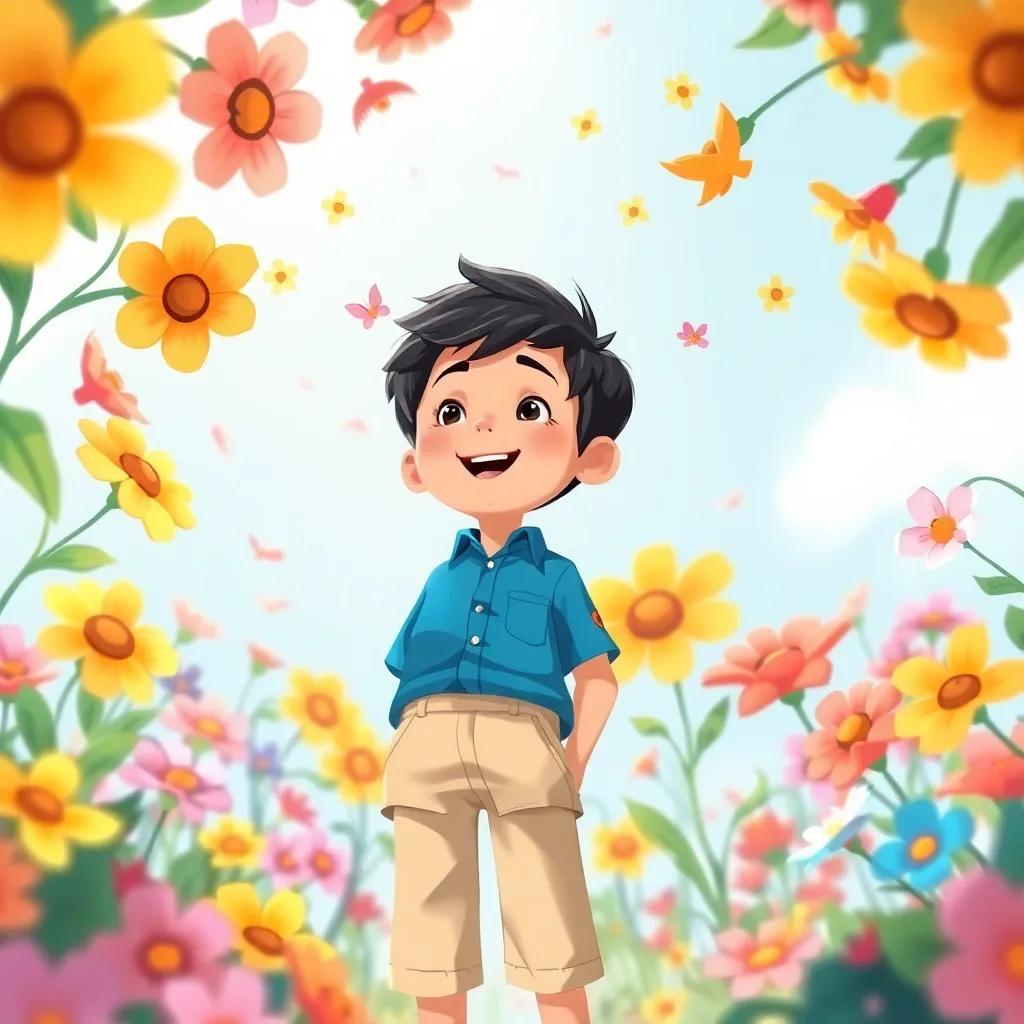 Sami, a young boy with short black hair in a blue shirt and beige shorts, dreaming with colors and joy, surrounded by flowers that bloom around him, cheerful illustration, bright colors, imaginative view, high quality