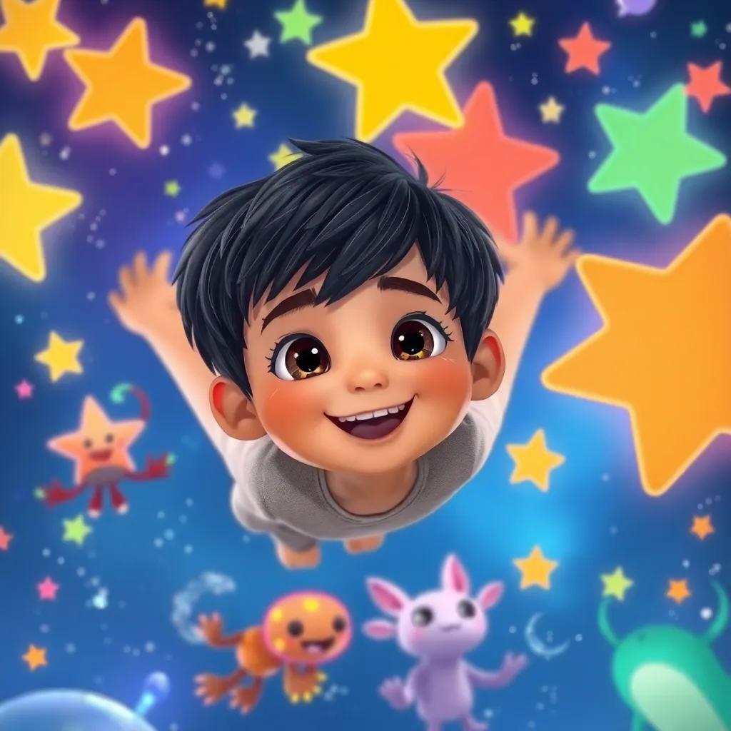 Sami, a young boy with short black hair, floating in the air among colorful stars and strange creatures, smiling and happy, magical scene, whimsical style, bright and inviting, high detail