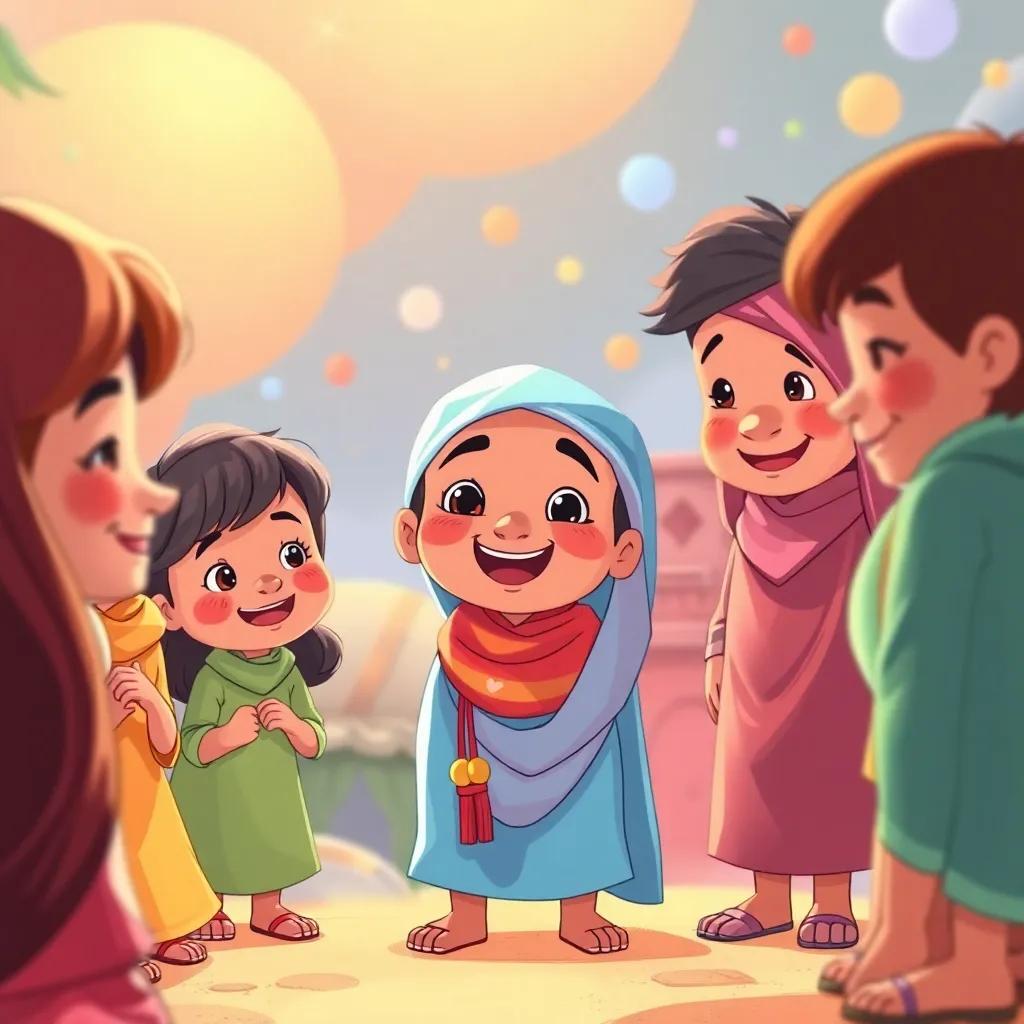 Sami meeting a group of new friends, all smiling and sharing their dreams, a colorful and happy world around them, illustrated scene, warm colors, lively atmosphere, child-friendly