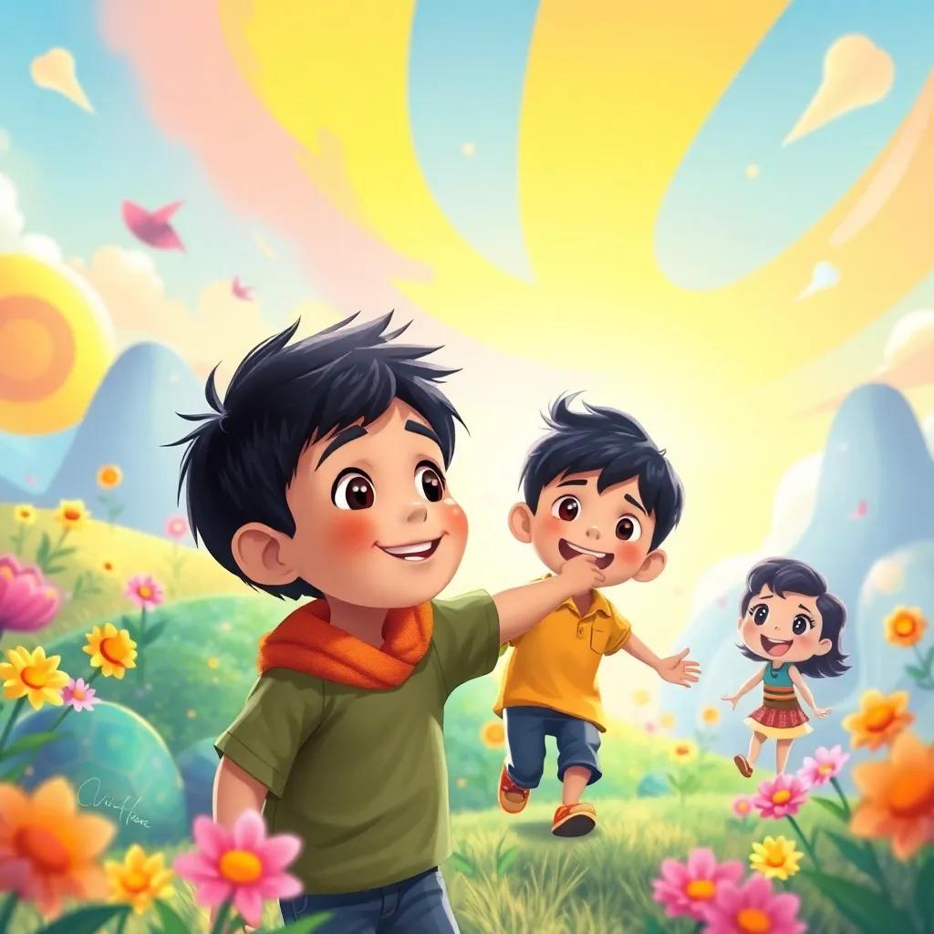Sami, a young boy with short black hair, helping his friends to chase their dreams in a bright and colorful landscape, filled with joy and laughter, heartwarming illustration, colorful and uplifting, high quality