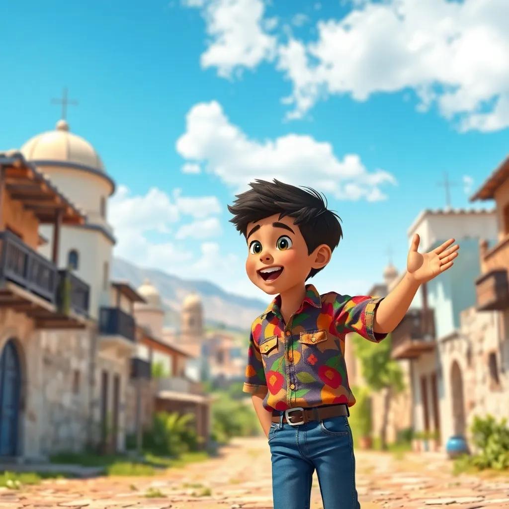 A cheerful young Arab boy, Karim, with short dark hair, wearing a colorful shirt and jeans, excitedly talking to his friend in a picturesque village under a bright blue sky, illustration, bright and lively, child's perspective, vibrant colors
