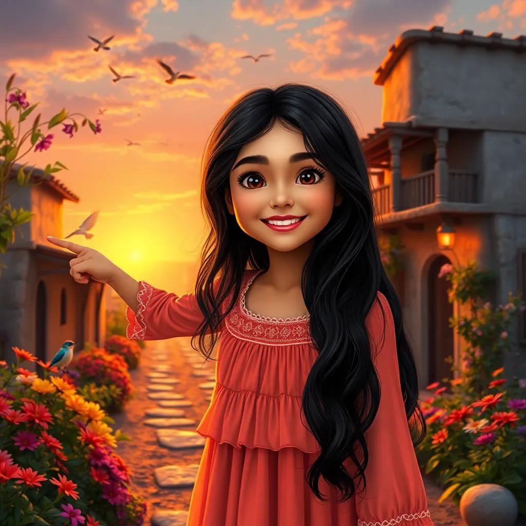 A young Arab girl, Jina, with long dark hair, wearing a pretty dress, exploring a small village with colorful flowers and singing birds, smiling and pointing at the sunset, digital art, warm colors, inviting atmosphere
