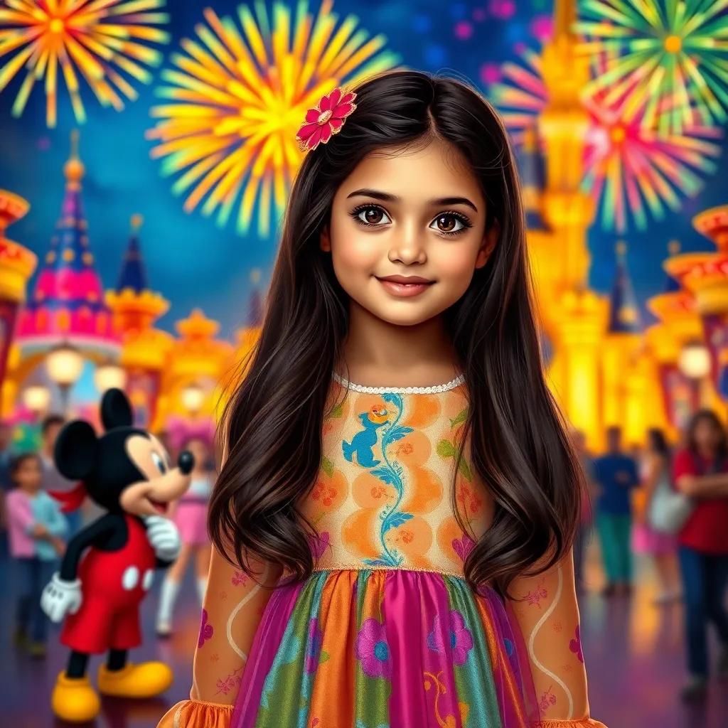 A young Arab girl, رنيم, with long, dark hair wearing a colorful dress, standing in a magical Disney world with characters like Mickey Mouse, colorful fireworks in the background, cheerful atmosphere, vibrant colors, high quality