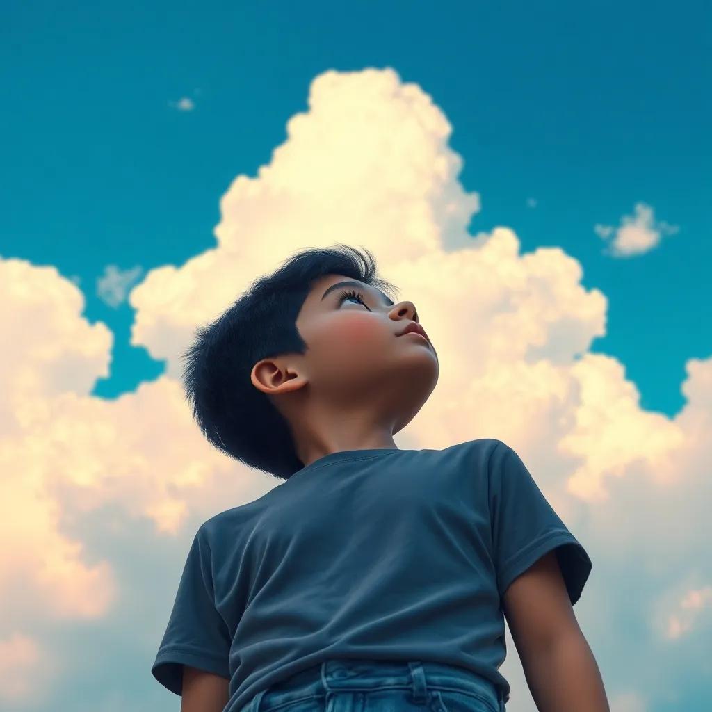 A young Arab boy, Adel, with short black hair, wearing a simple t-shirt and jeans, looking up at the blue sky filled with clouds, dreaming, digital art, bright colors, hopeful atmosphere, close-up, high quality
