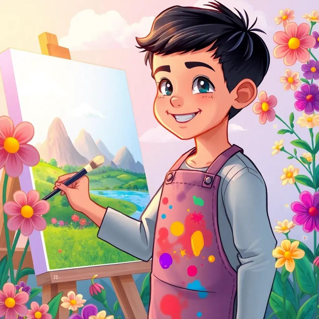 A young Arab boy, Adel, with short black hair, wearing an artist's apron with colorful paint splatters, painting a beautiful landscape on a canvas, surrounded by vibrant flowers, illustration, cheerful, creative scene, child-friendly