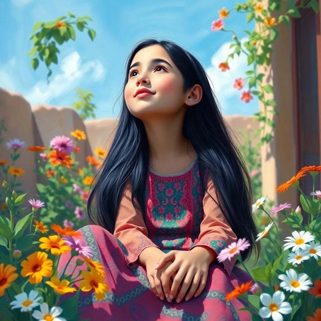 A 13-year-old Arab girl, Fatima, sitting in her small garden, with long dark hair, wearing a colorful dress, looking up at the blue sky, pondering her future, digital art, bright and cheerful, with flowers around, high quality