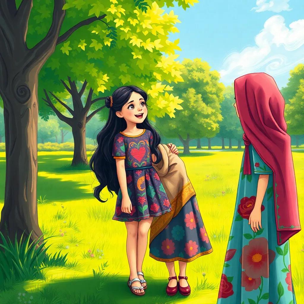 Fatima, a 13-year-old Arab girl with long dark hair in a colorful dress, excitedly talking to her friend Leila in a sunny park, with green grass and trees, illustration, vibrant and friendly scene, child-friendly, high quality