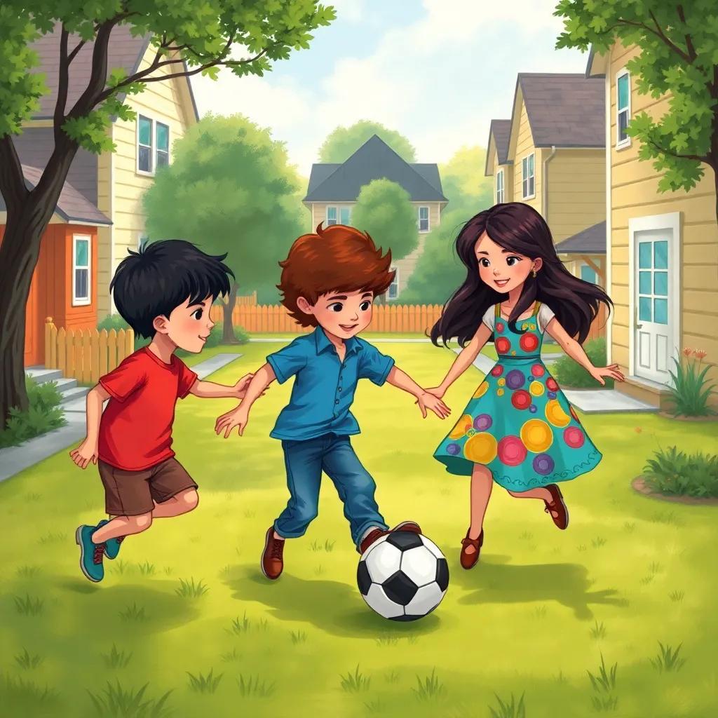 Three children in a simple neighborhood, Liam with short dark hair wearing a red t-shirt and shorts, Noah with curly brown hair in a blue shirt and jeans, and Chloe with long dark hair in a colorful dress, playing soccer in a small park surrounded by houses, illustration, vibrant colors, cheerful atmosphere, high quality