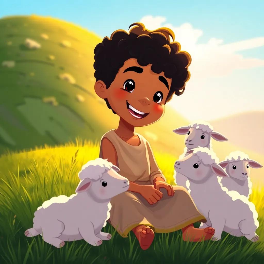 A young Arab boy, Miyar, with curly black hair wearing a simple tunic, sitting on a grassy hill with a flock of sheep, speaking joyfully to his sheep, warm sunlight, soft colors, whimsical perspective, child-friendly illustration, engaging and lively