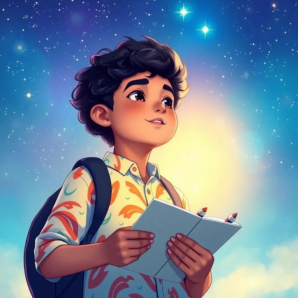 A young Arab boy, Miyar, now a teenager with curly black hair wearing a colorful shirt, standing under a starry sky, looking up at the stars with wonder, holding a sketchbook and pencils, magical ambiance, dreamy colors, hopeful spirit, children's art style, optimistic