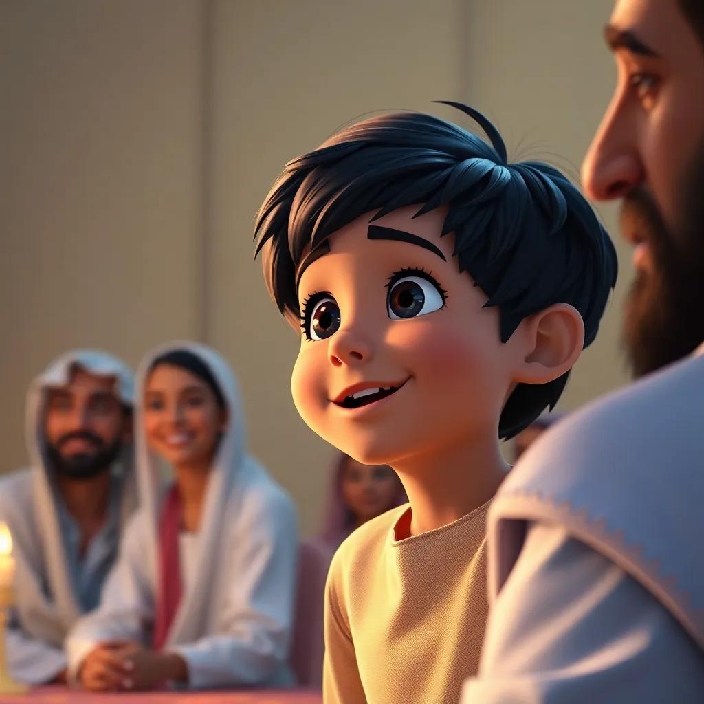 A young Arab boy, Yusuf, with dark hair, wearing a simple traditional tunic, looking excitedly at his father while sharing his dream about the eleven stars, a warm family setting, digital art, bright colors, joyful atmosphere, close-up, high quality