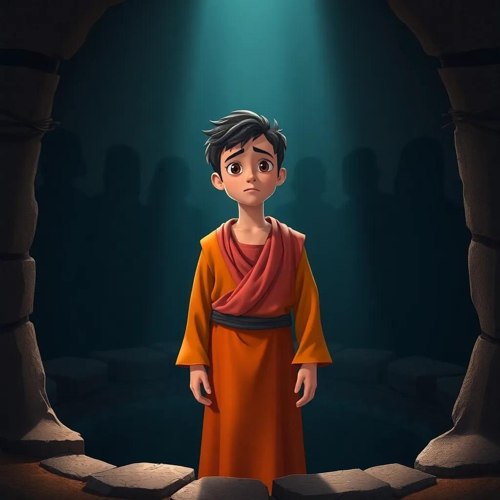 A young Arab man, Yusuf, dressed in a brightly colored tunic, standing beside a deep well with a worried expression, surrounded by shadows of his jealous brothers, dramatic lighting, dark tones, high quality, storytelling scene