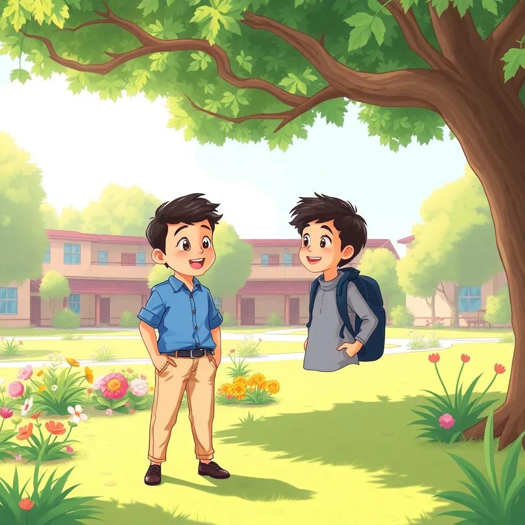 A young Arab boy, أحمد, with short black hair, wearing a blue shirt and beige pants, talking excitedly with his friend under a big tree in a school garden, bright daylight, cheerful atmosphere, digital art, high quality