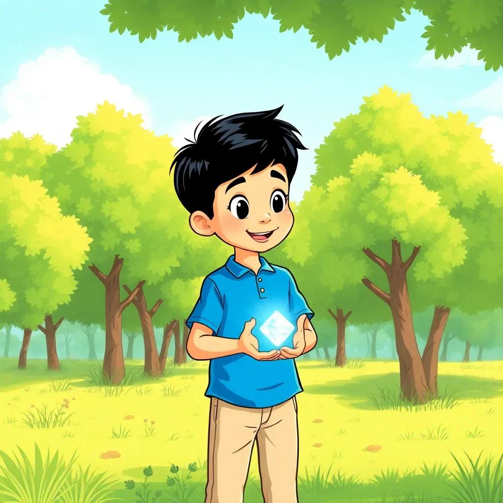 A young Arab boy, أحمد, with short black hair, wearing a blue shirt and beige pants, discovering a sparkling gem among green trees in a sunny park, looking amazed, bright colors, joyful scene, illustration, high quality
