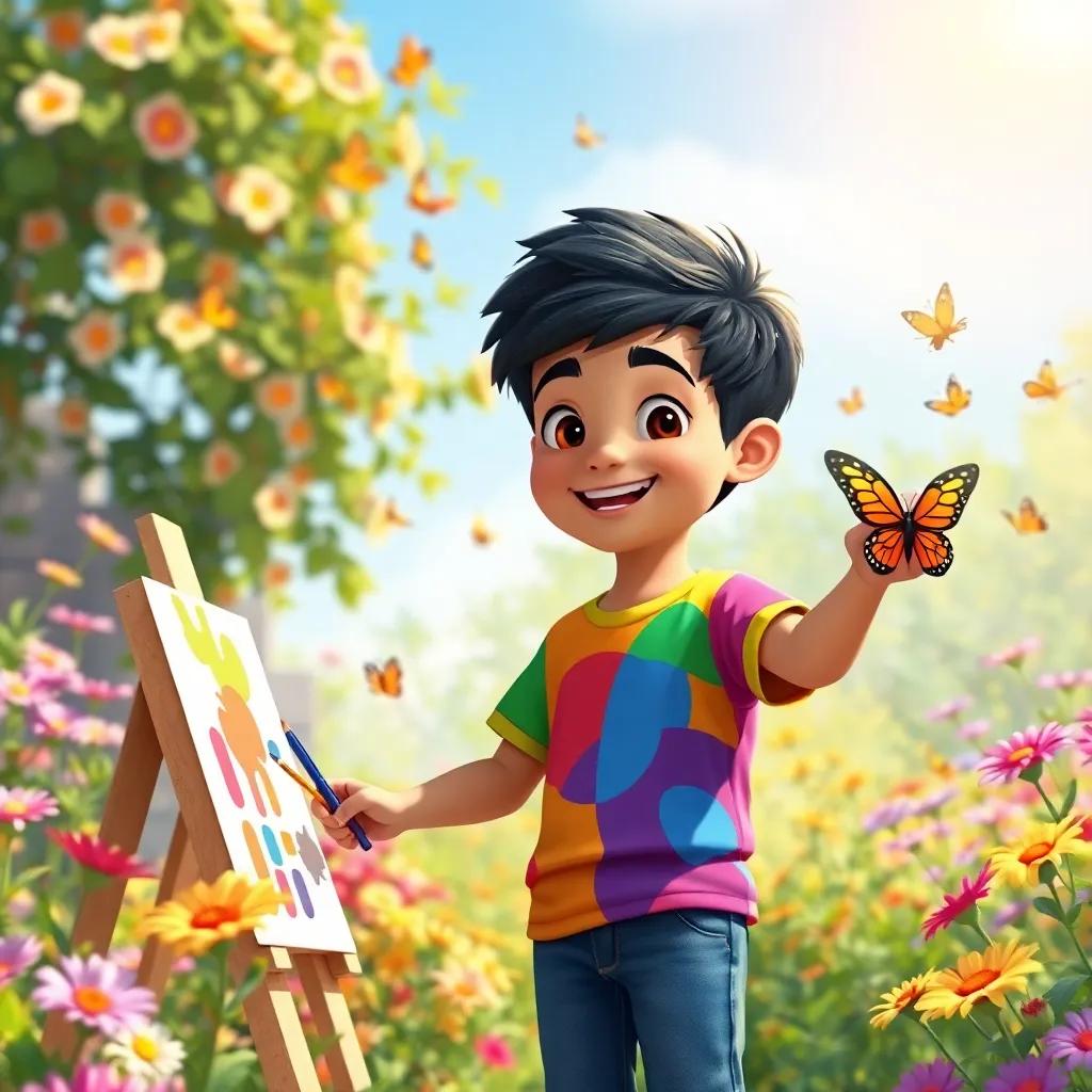 A young Arab boy, Ahmed, with short black hair, wearing a colorful t-shirt and jeans, happily painting outside in a sunny garden, surrounded by flowers and butterflies, digital art, vibrant colors, cheerful atmosphere, bright and sunny