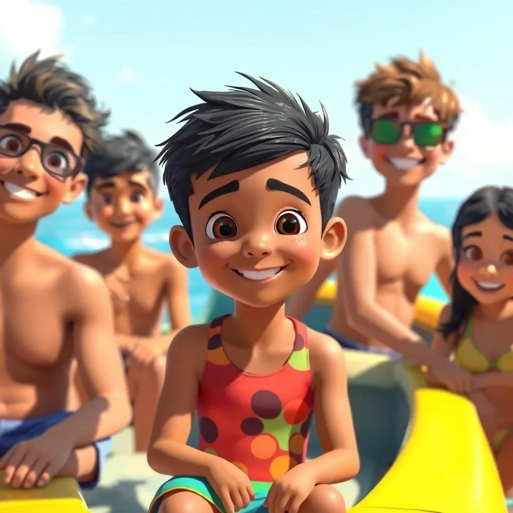A young Arab boy, Ahmed, with brown skin and short black hair, smiling and wearing a colorful swimming suit, sitting in a small boat with friends, bright sunny day, ocean scenery in the background, illustration, cheerful, vibrant colors, inviting atmosphere, high quality