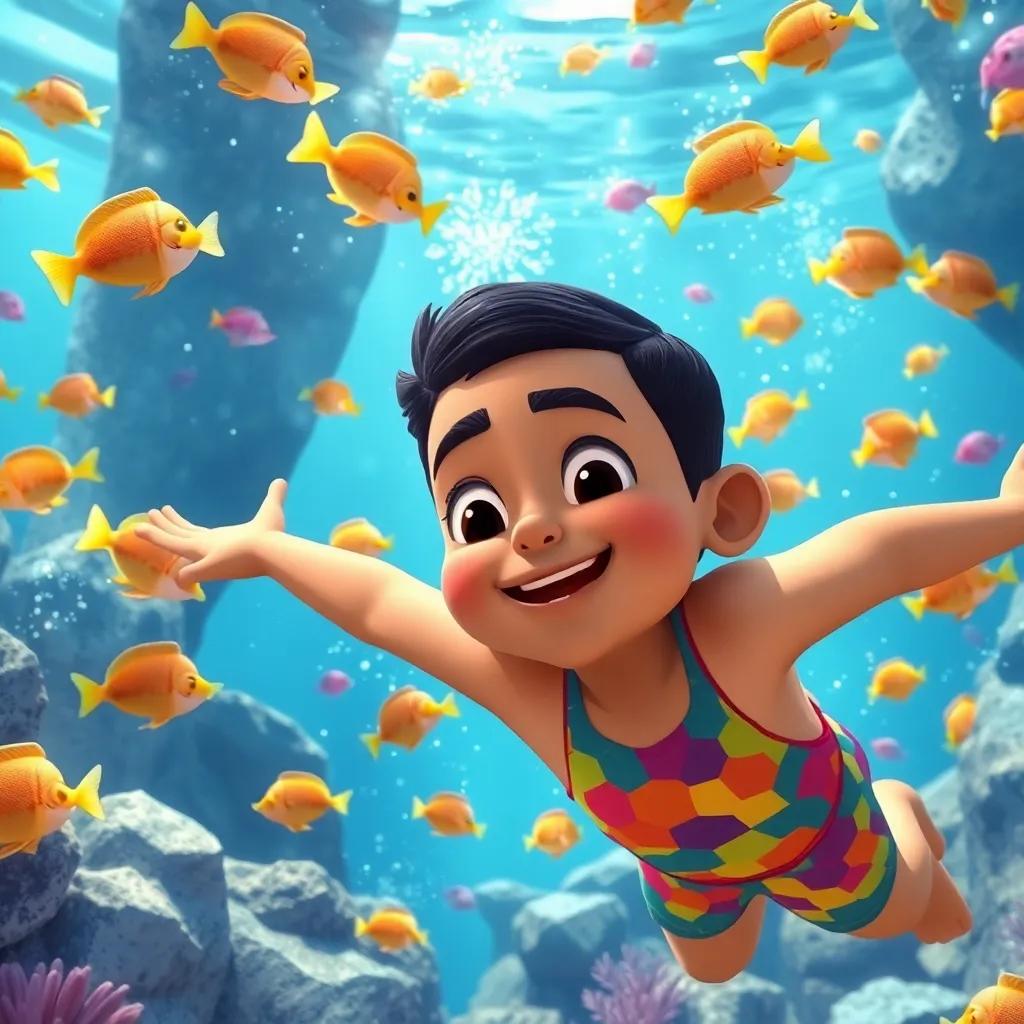 Ahmed, a young Arab boy with brown skin and short black hair, wearing a colorful swimming suit, swimming underwater surrounded by colorful fish and sparkling rocks, enchanting underwater world, illustration, bright colors, joyful atmosphere, high quality