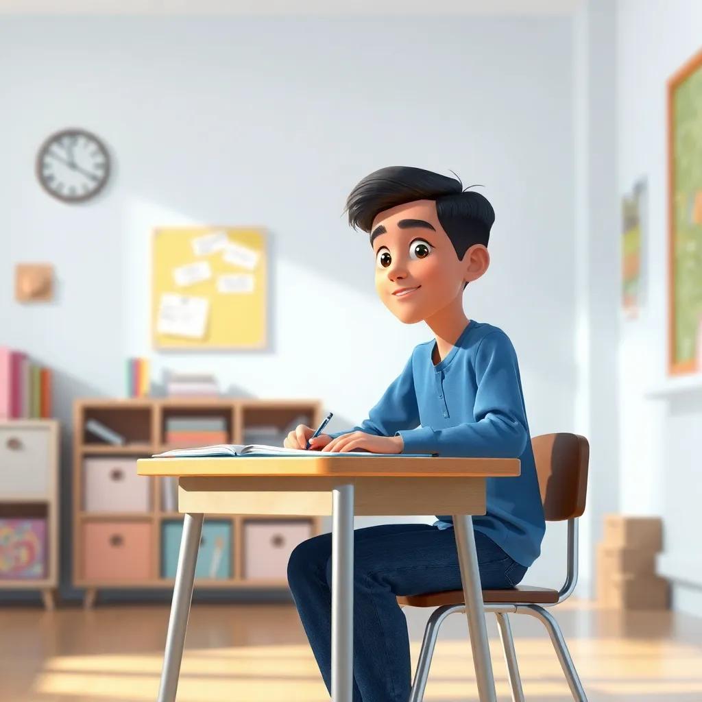 A young Arab boy, Ahmed, with short black hair, wearing a simple blue shirt and jeans, sitting at a study table in a bright room, looking determined while studying, cheerful atmosphere, warm colors, high quality
