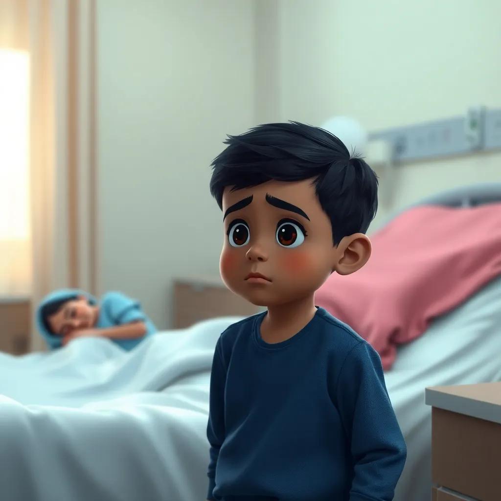 A young Arab boy, Ahmed, with short black hair, wearing a simple blue shirt and jeans, looking worried in a hospital room, his mother on the hospital bed looking weak, emotional atmosphere, soft light, high quality