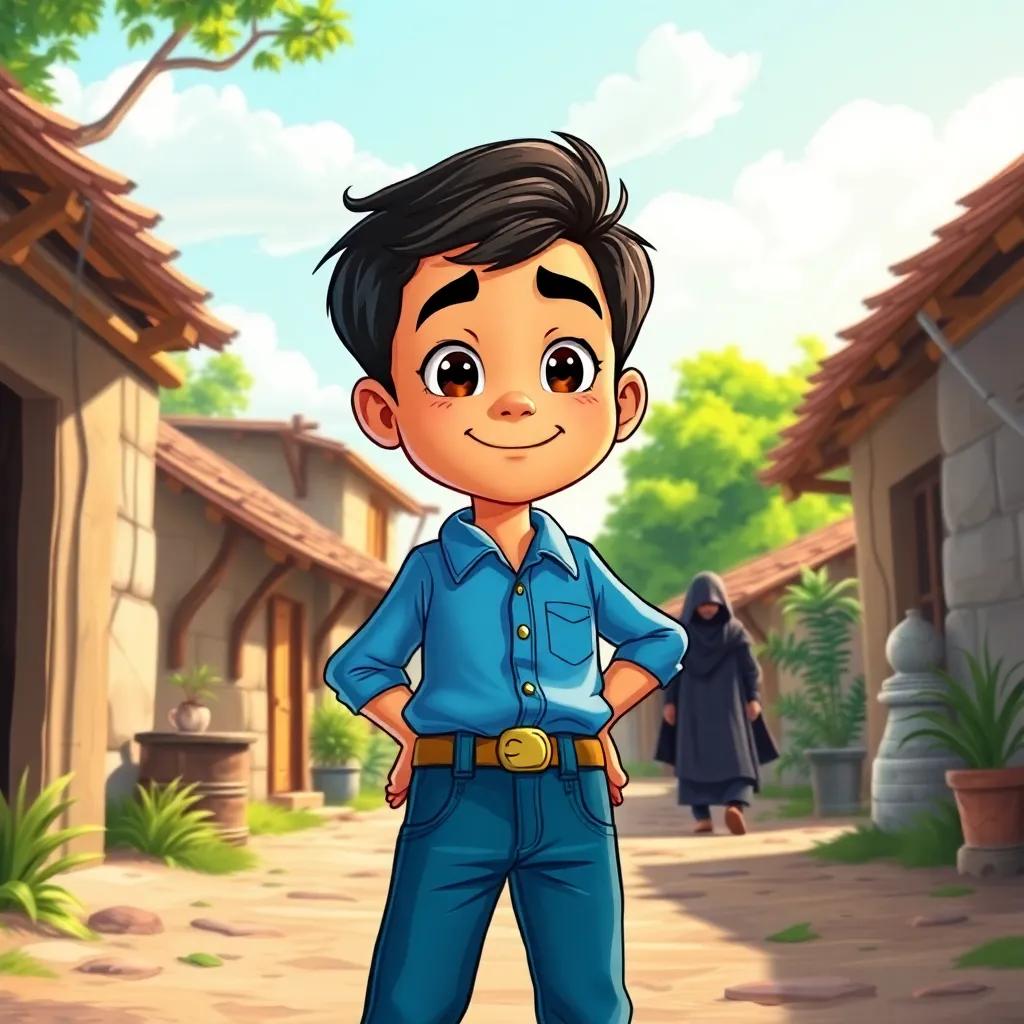 A brave boy, Ahmad, with short dark hair, wearing a blue shirt and jeans, standing confidently in a small village and warning his siblings about a sneaky robber, bright sunny day, cheerful atmosphere, cartoon style, vibrant colors, friendly expression