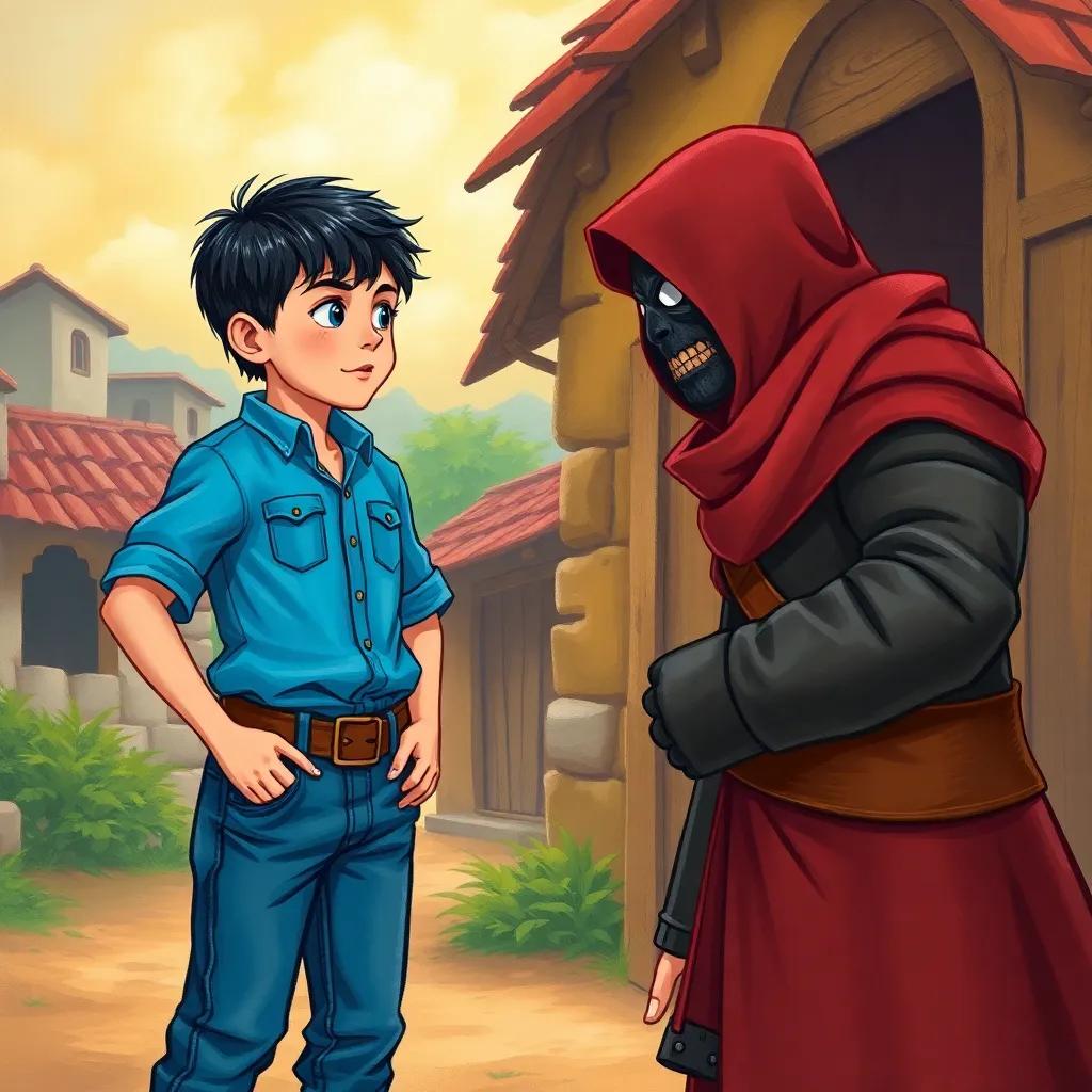 Ahmad, the brave boy with short dark hair in blue shirt and jeans, standing face to face with a sneaky robber, the robber is shocked, vivid village backdrop, showcasing courage and determination, colorful illustration, child-friendly style, engaging scene