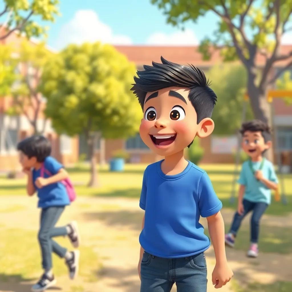A young Arab boy, Ahmed, with short black hair, wearing a blue T-shirt and jeans, excitedly talking to his friends in a sunny schoolyard with trees and swings around, digital art, cheerful colors, joyful atmosphere, high quality