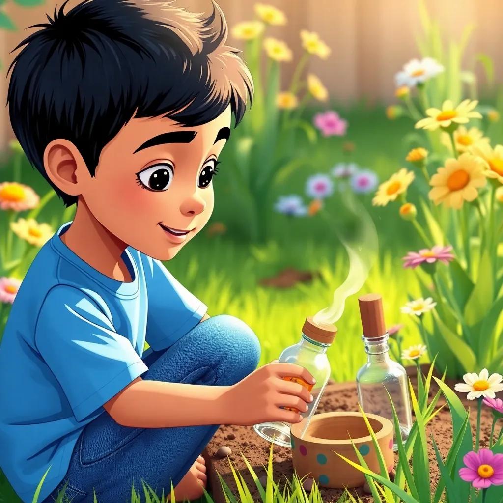 Ahmed, a young Arab boy with short black hair, wearing a blue T-shirt and jeans, experimenting in a garden with bottles and simple tools, surrounded by flowers and grass, illustration, bright and vibrant, child-friendly perspective, high quality