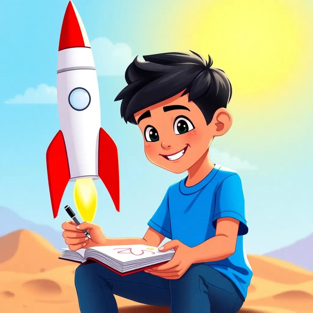 A smart young Arab boy, أحمد, with short black hair, wearing a blue t-shirt and jeans, drawing a big rocket in his notebook under the sun, cheerful atmosphere, digital art, colorful, engaging scene, high quality