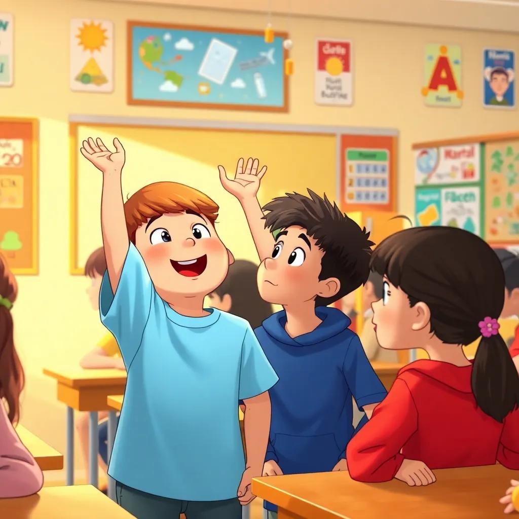 A classroom with young students, أحمد is excitedly sharing his dream with friends, his friend ليلى looks curious, vibrant classroom with educational posters, illustration, warm light, lively
