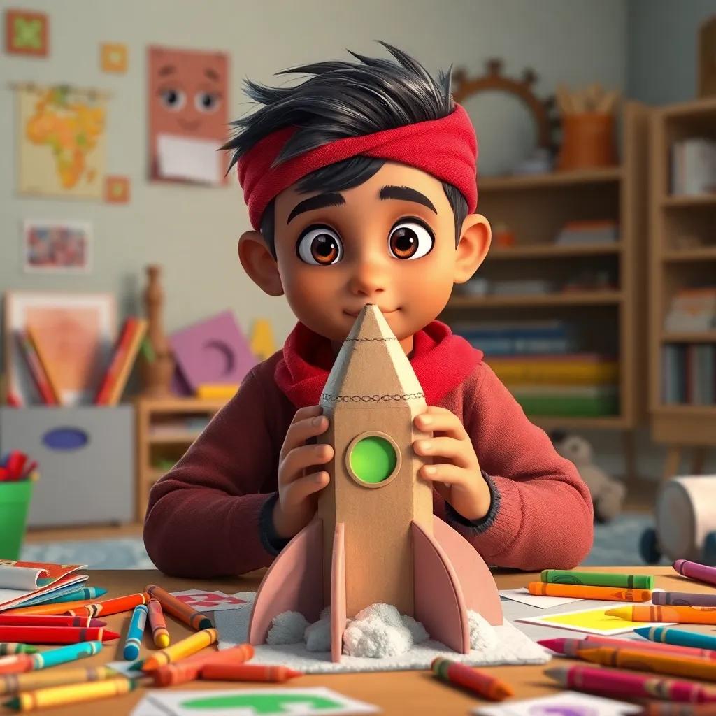 Ahmed is building a cardboard rocket at home, surrounded by crayons and colorful papers, with a focused and determined look, child-friendly environment, digital art, cozy, inviting atmosphere