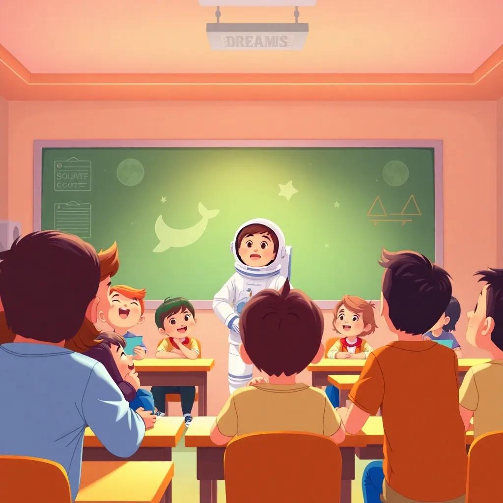 A teacher discussing dreams with young students in a classroom, أحمد stands up confidently expressing his wish to be an astronaut, inspiring atmosphere, bright colors, illustration, engaging