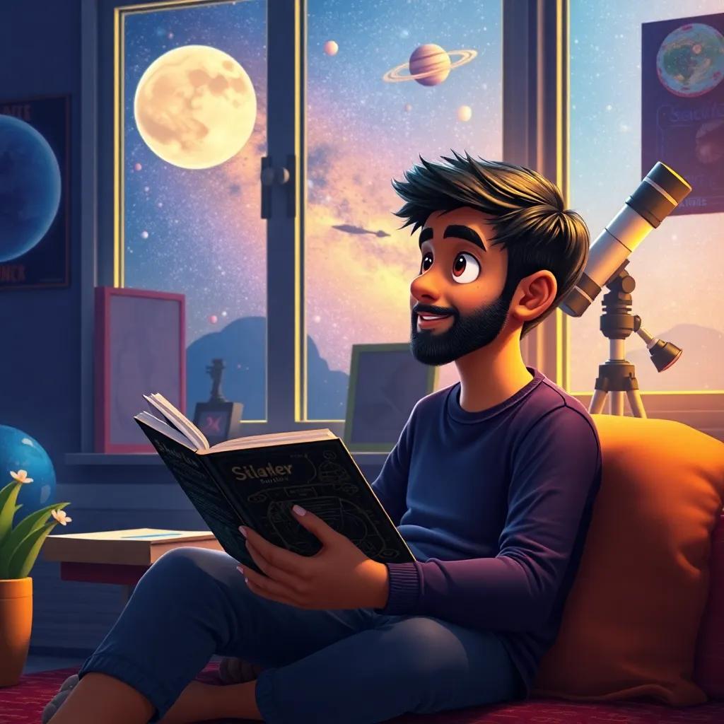 Ahmed feeling inspired while reading books about space, with space posters around him and a telescope by the window, warm light, imaginative scene, digital art, vibrant, colorful