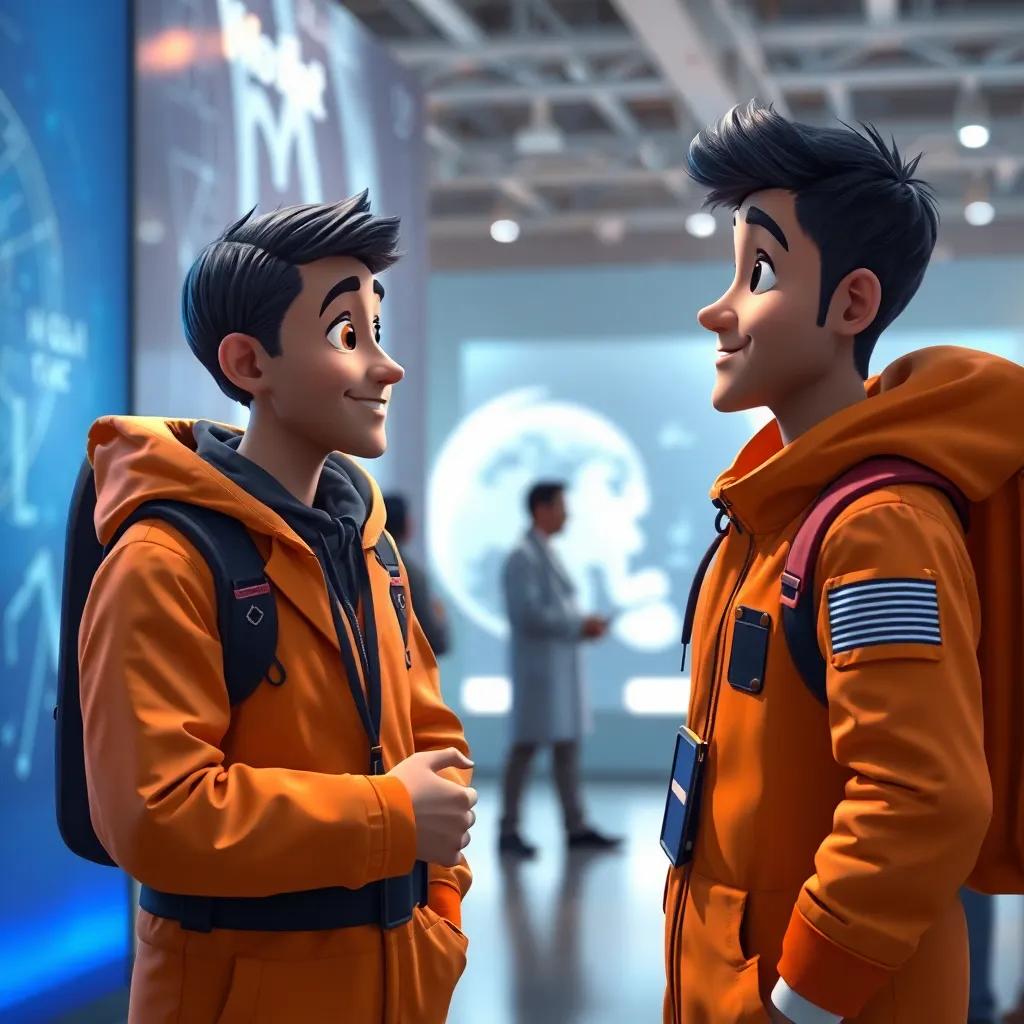 Ahmed asking a friendly scientist at the exhibition how to become an astronaut, with a smile and curiosity on his face, enlightening atmosphere, digital art, lively, inviting