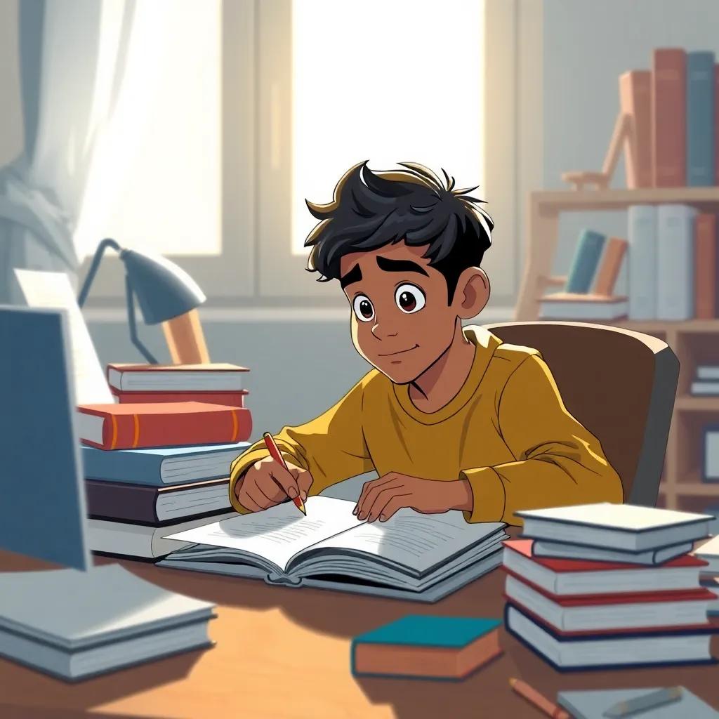 Ahmed studying hard at his desk, surrounded by books and notes, determination on his face as he studies about the stars, bright light shining through the window, illustration, focused and inspiring