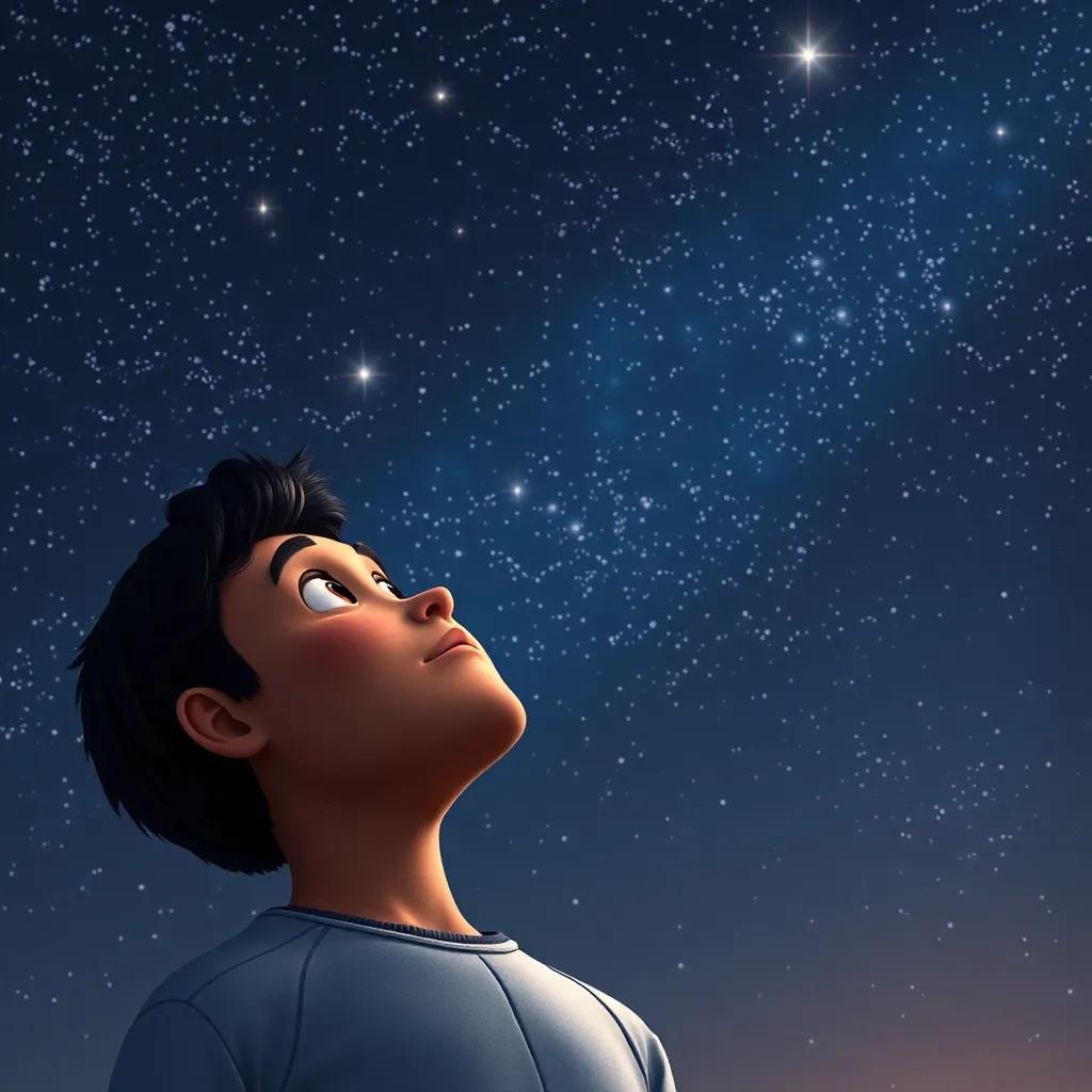 Ahmed stargazing at night, looking up at twinkling stars, a sense of wonder and aspiration in his eyes, beautiful night sky, digital art, magical atmosphere, high quality